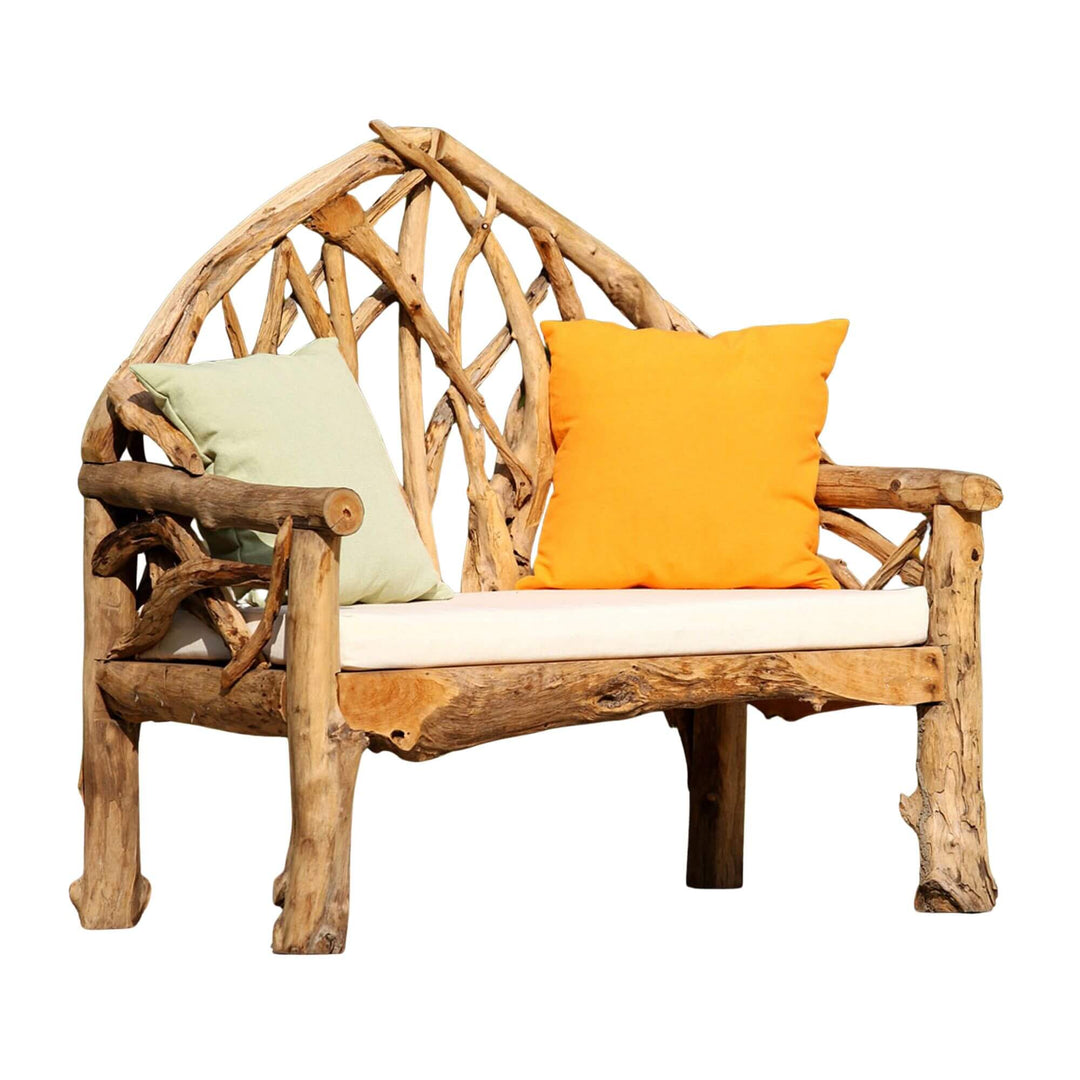 Naxos bench with natural branch design and colorful cushions on a white background