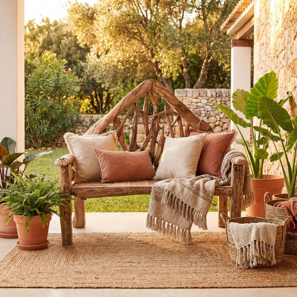 Styled terrace setting featuring the Naxos bench in a warm Mediterranean outdoor space.