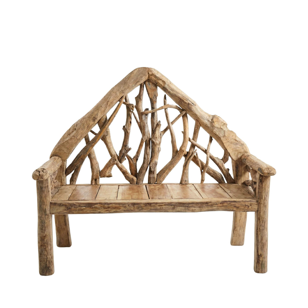 Front view of the bench highlighting its wide rustic backrest and reclaimed teak wood frame.