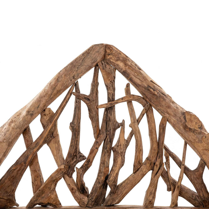 Close-up detail of the branch-style backrest showing the natural reclaimed teak texture.