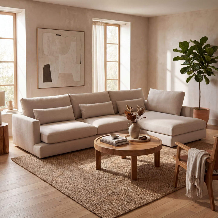 Styled living room setting featuring the Naxos sofa in a warm contemporary interior with natural tones.