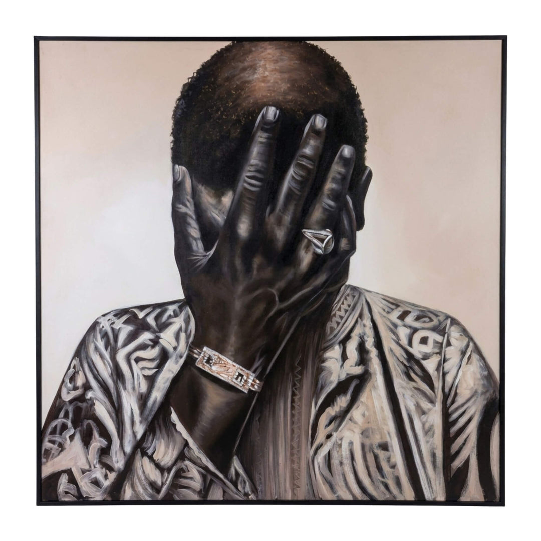 Front view of the Ndebele Canvas featuring a monochrome portrait with bold tribal-inspired patterns.