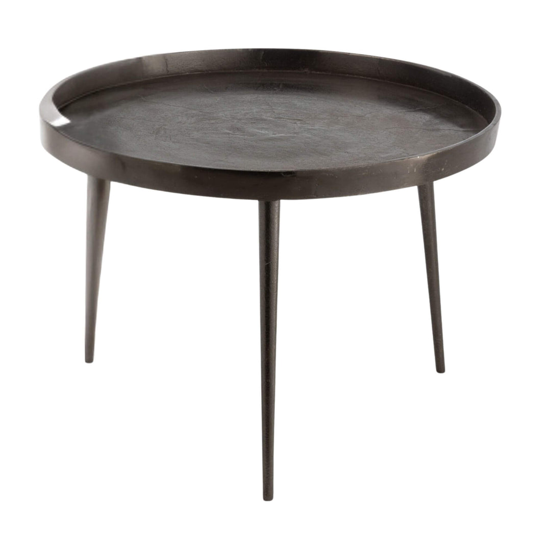 Front view of Neo black iron coffee table with round raised-edge top