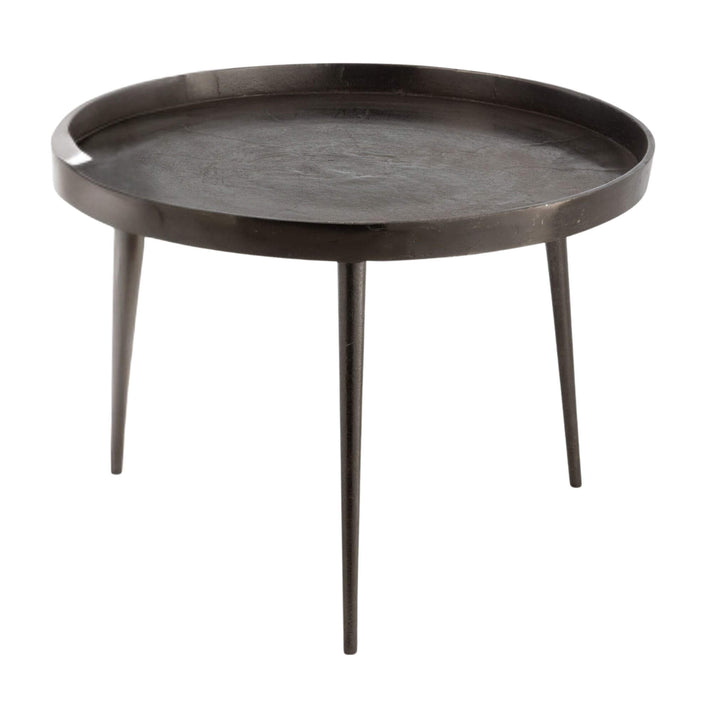 Front view of Neo black iron coffee table with round raised-edge top