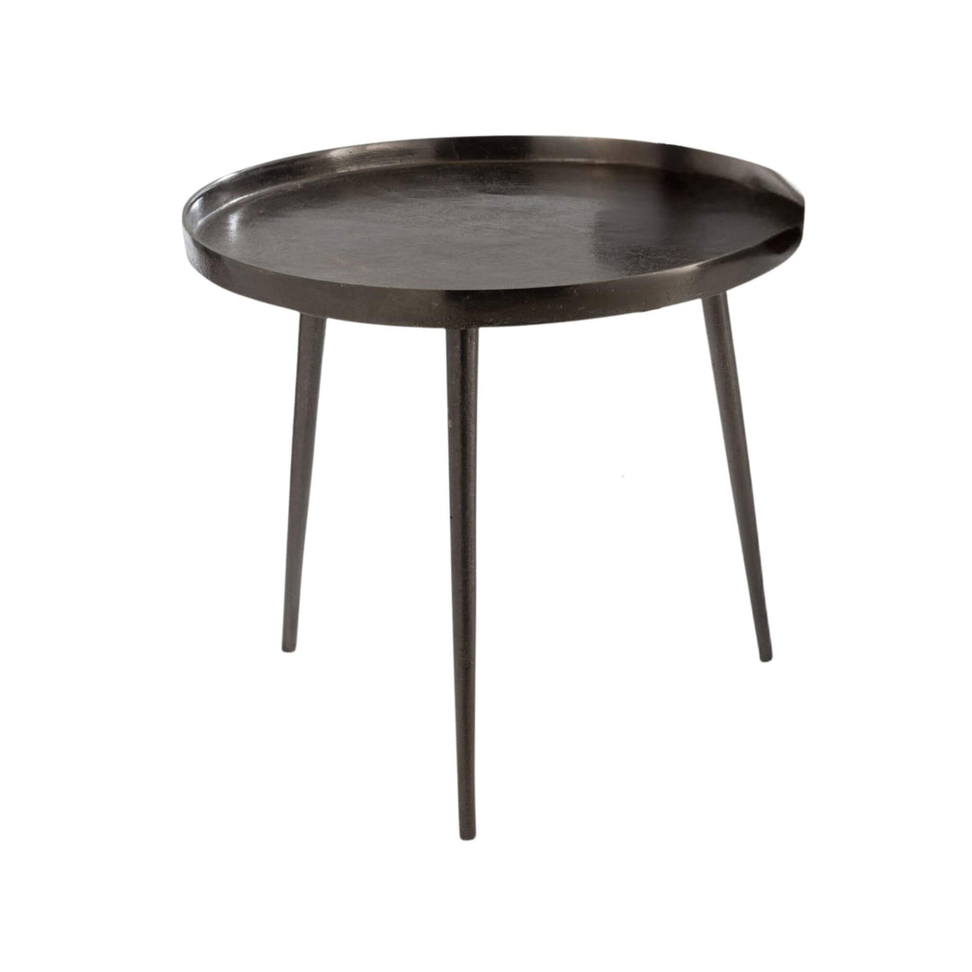 Front view of Neo black iron coffee table with round raised-edge top