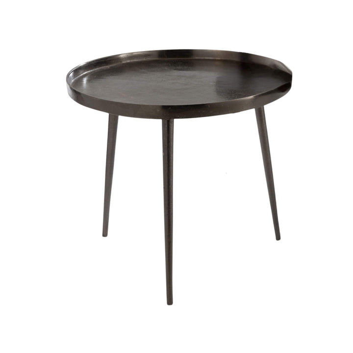 Front view of Neo black iron coffee table with round raised-edge top