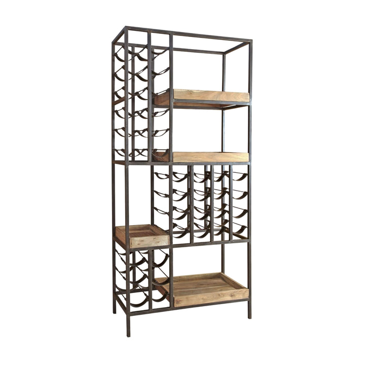 Front view of Neo Collection Bar Shelf with acacia shelves and metal wine racks