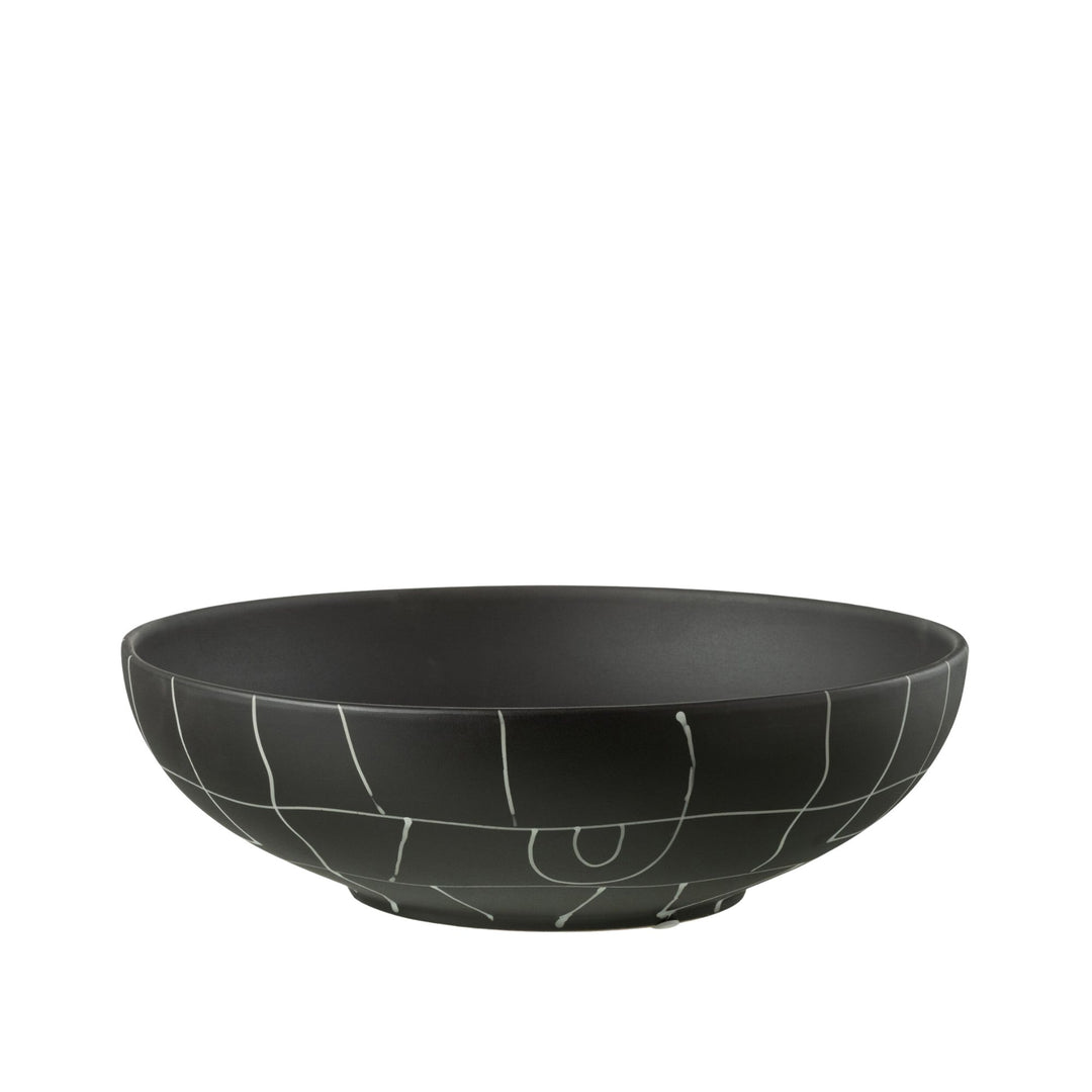 Front view of Neo Collection black ceramic bowl with abstract linear detailing.
