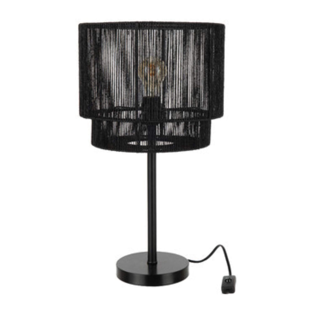 Front view of Nero Table Lamp with black rope shade and metal base.