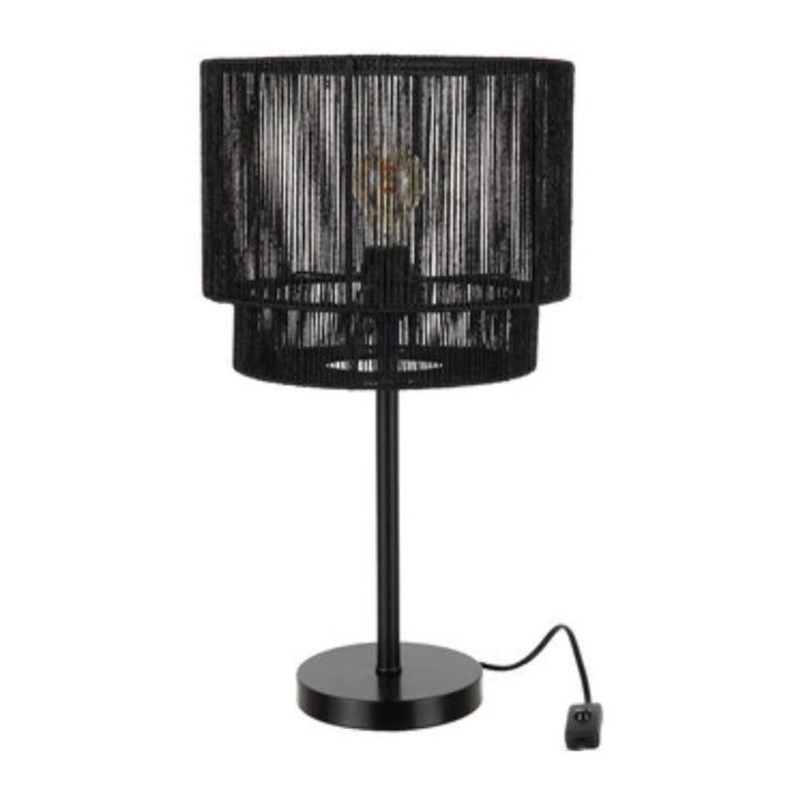 Front view of Nero Table Lamp with black rope shade and metal base.
