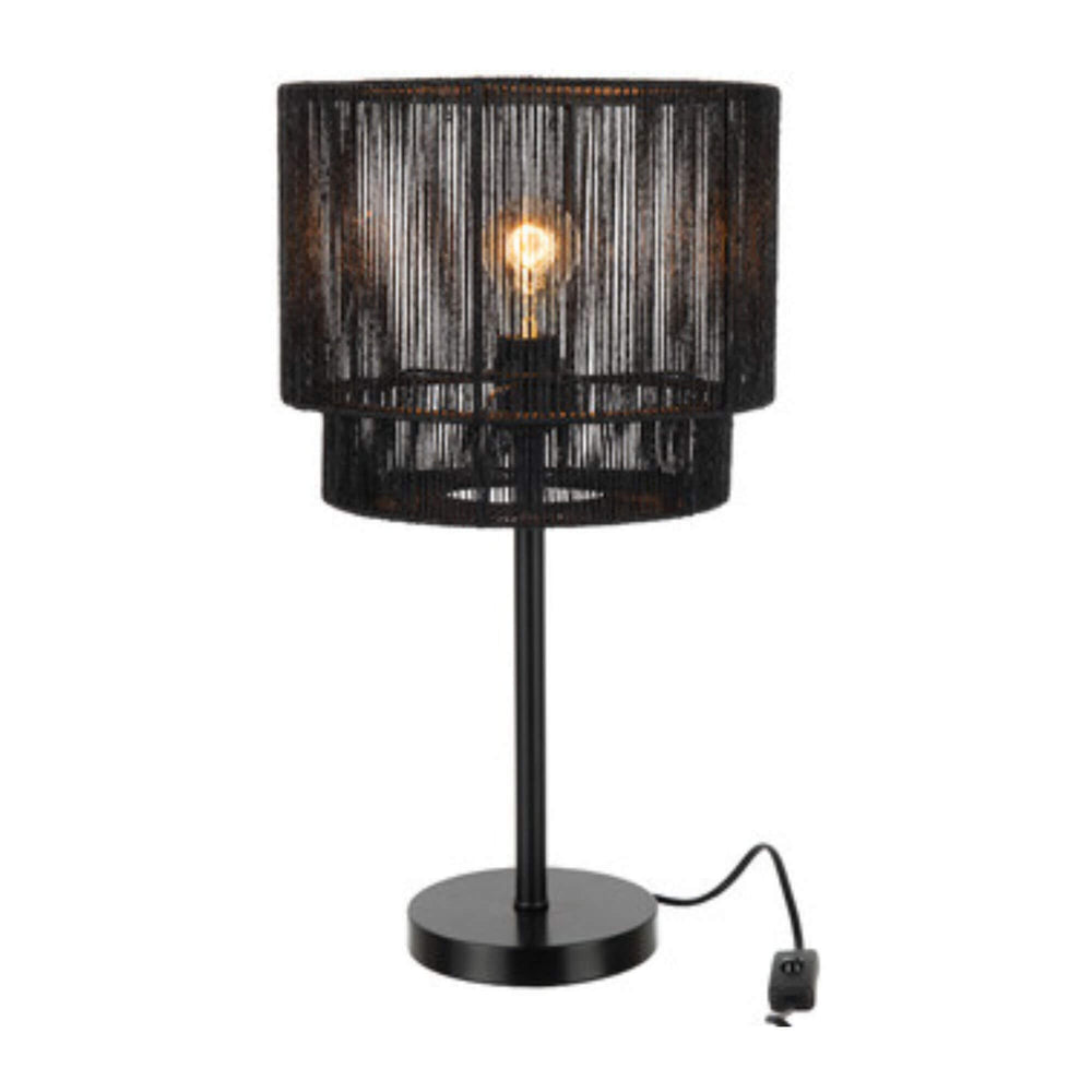 Nero table lamp illuminated, showing warm light through rope-wrapped shade.