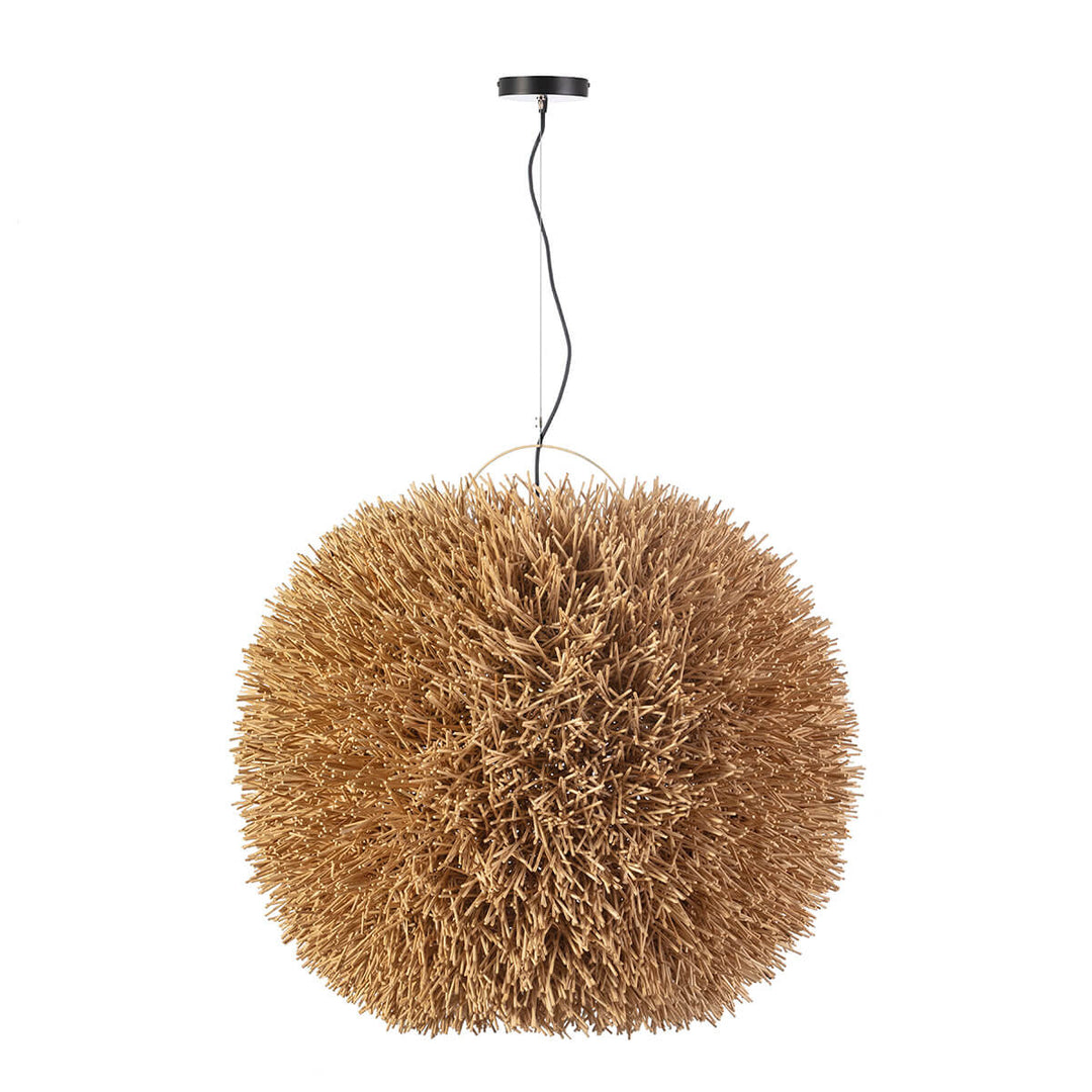 Nest Ceiling Lamp in natural bamboo and rattan, suspended from ceiling.