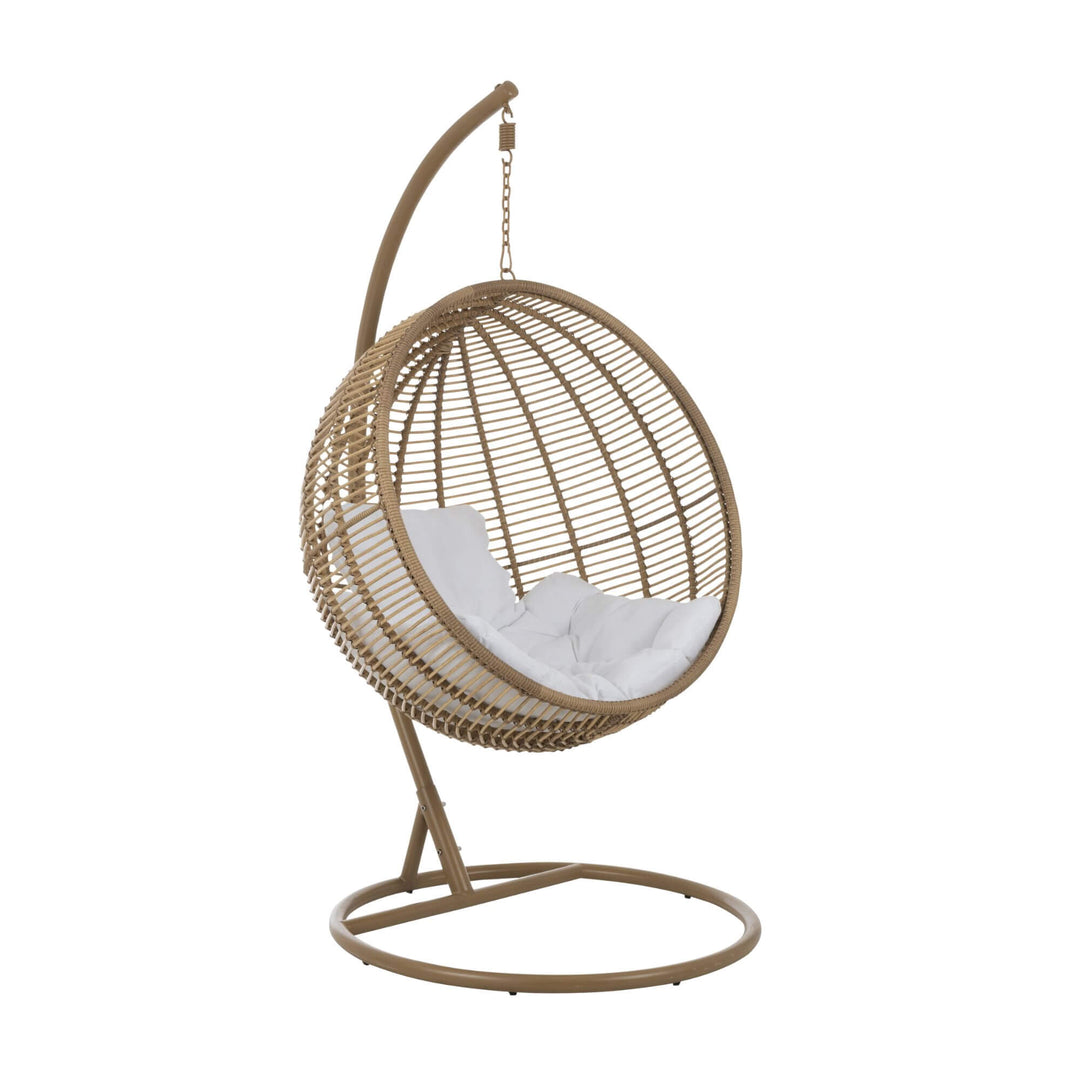 Angled view highlighting the steel stand and synthetic rattan structure.