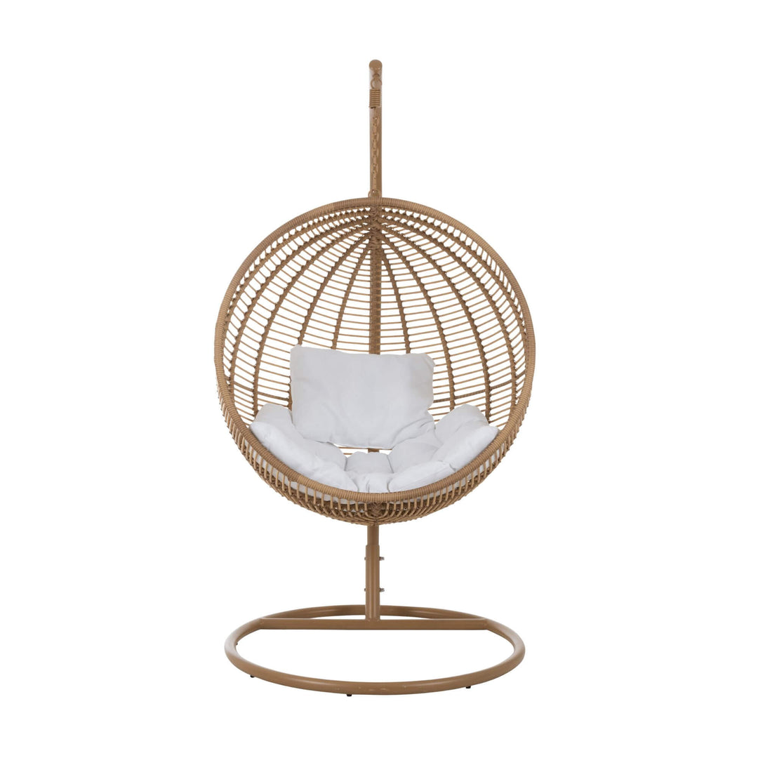 Front view of the Nest Hanging Chair with round rattan seat and cushion.