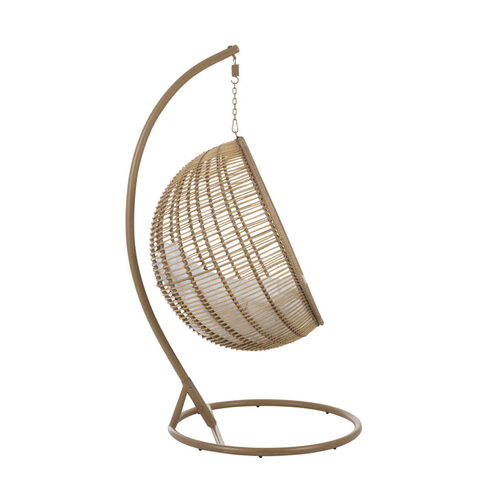 Side profile of the hanging chair showing its curved suspended design.