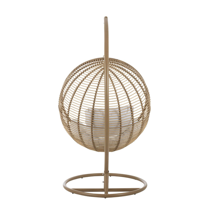 Back view of the rattan hanging chair showing the woven detailing.