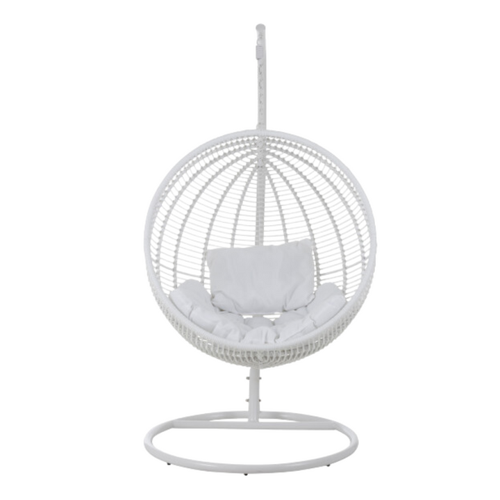 Front view of the Nest Hanging Chair in white synthetic rattan with cushion.