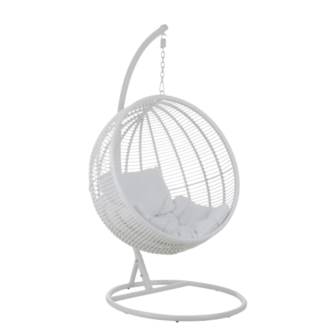 Side profile of the white hanging chair showing the suspended cocoon design.