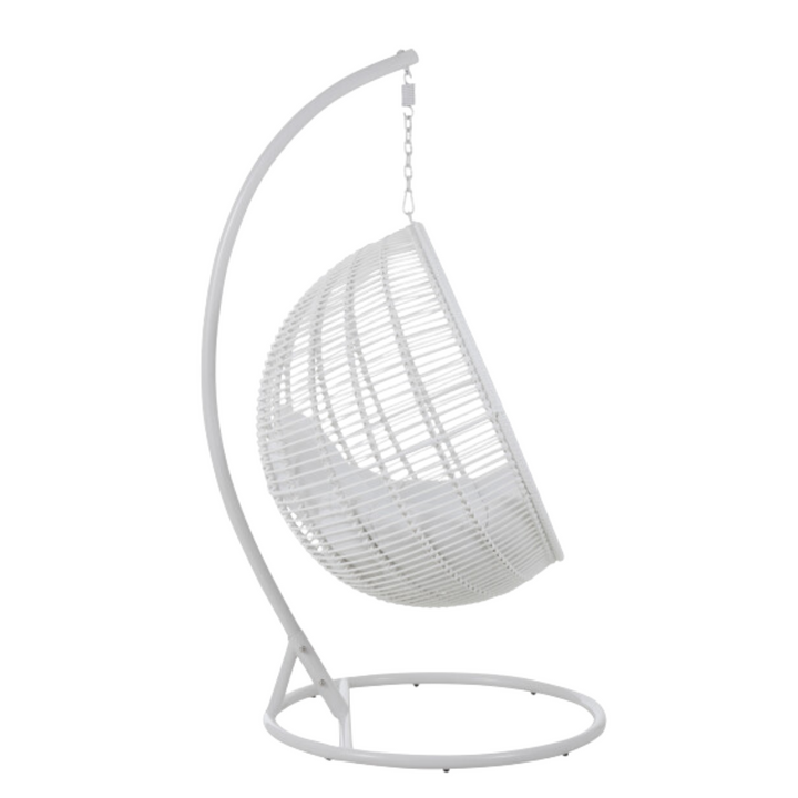 Side profile of the white hanging chair showing the suspended cocoon design.