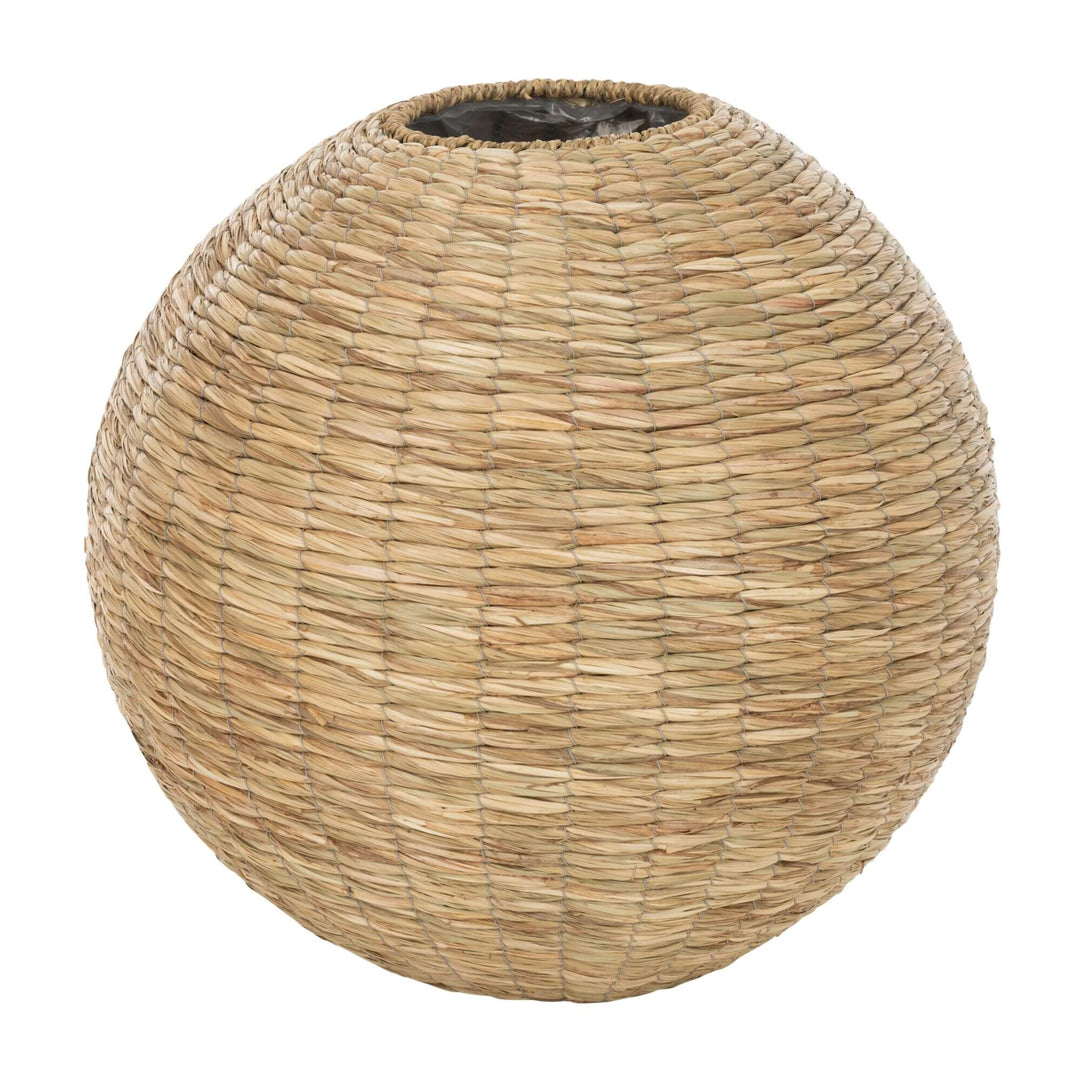 Front view of Nest Vase in handwoven water hyacinth with rounded shape.