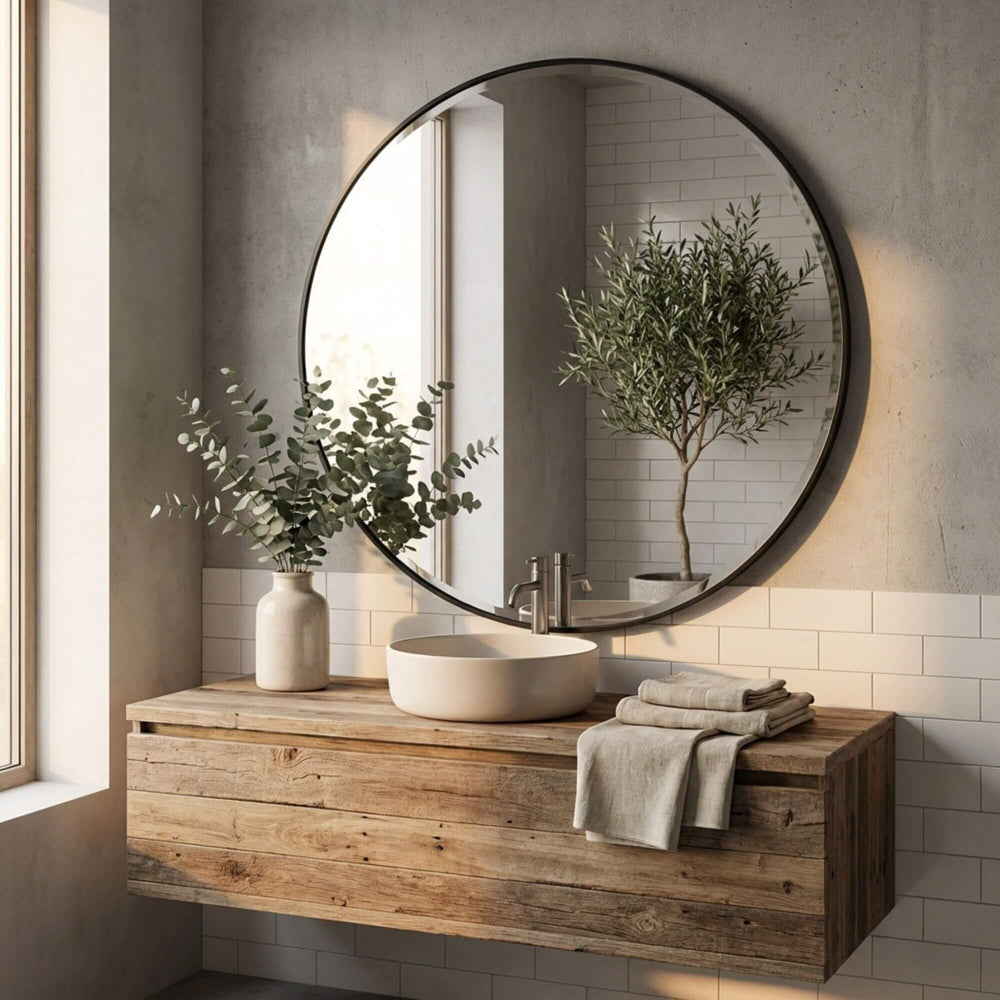 Styled bathroom setting featuring the New York round mirror above a wooden vanity.