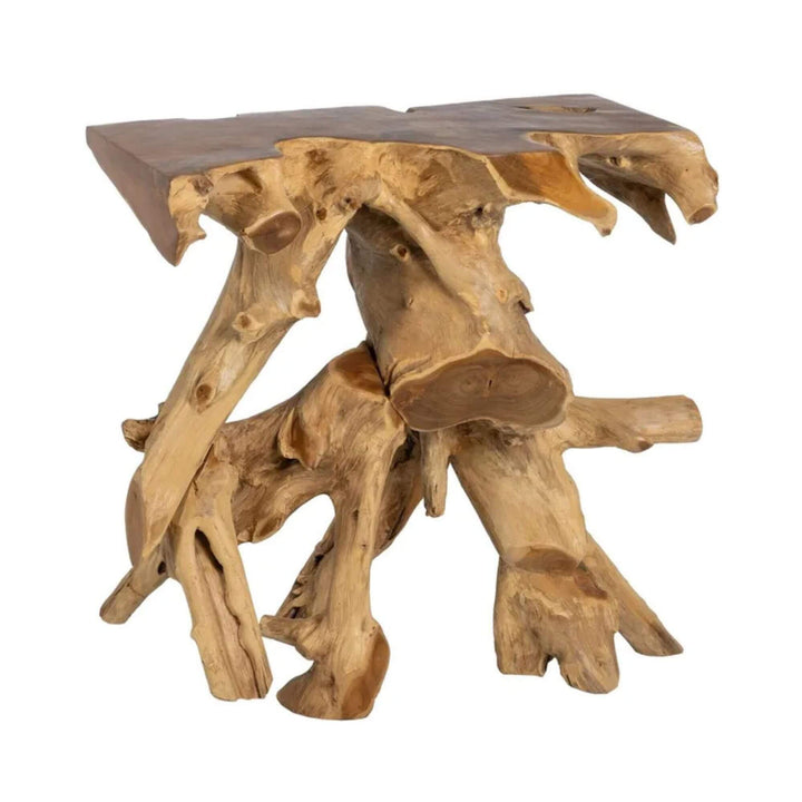 Front view of the Nihi console table showcasing its solid teak root base and natural wood top.