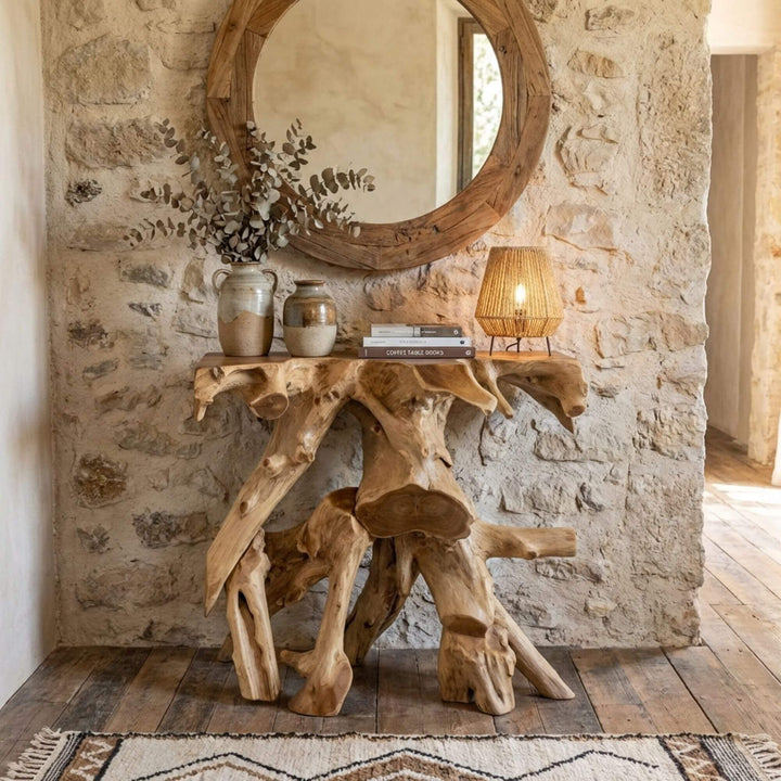 Styled interior setting featuring the teak root console table placed against a stone wall with decorative objects.