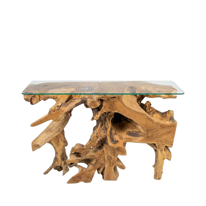 Glass-top console table with natural wood base on a white background