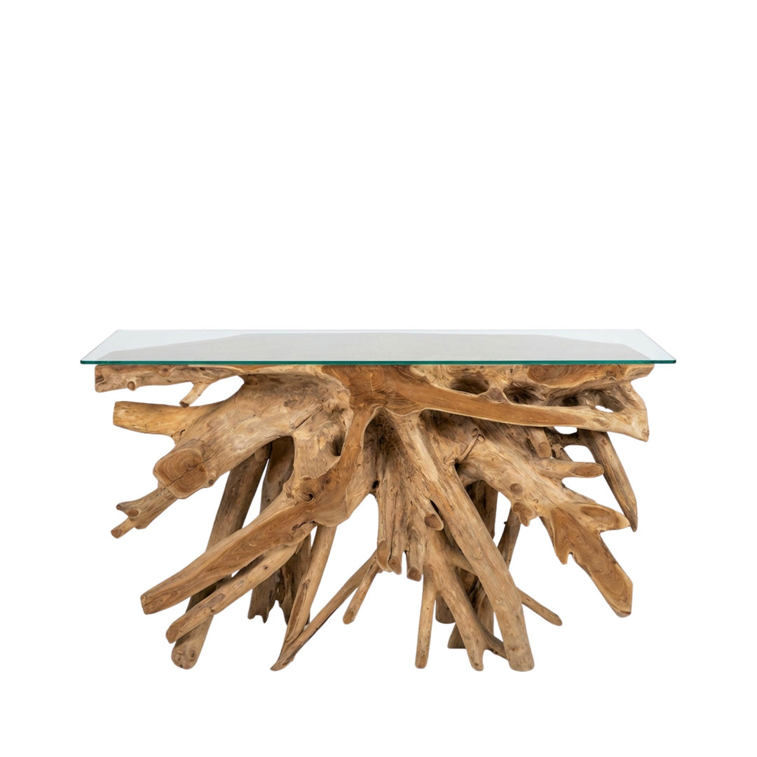 Glass-top console table with natural wood base on a white background