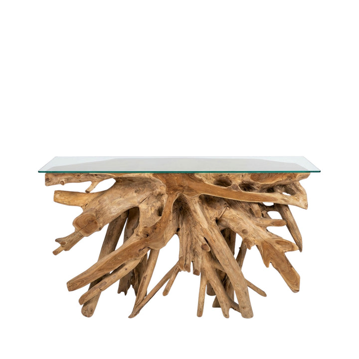 Glass-top console table with natural wood base on a white background