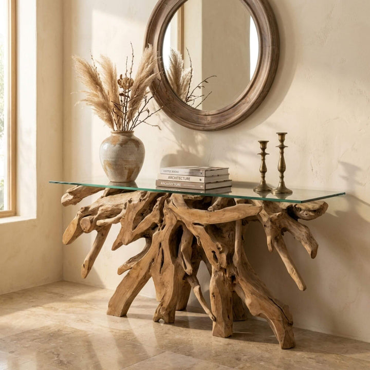 Nihi console table with natural wood base in a room setting