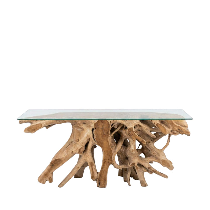 Glass-top console table with natural wood base on a white background