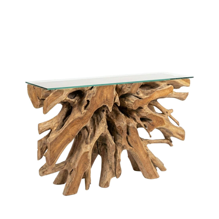 Glass-top console table with natural wood base on a white background