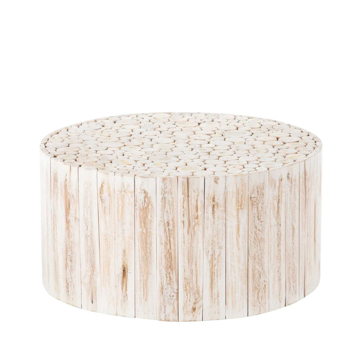 Front view of Nikko round coffee table showcasing its solid teak branch construction and circular shape.