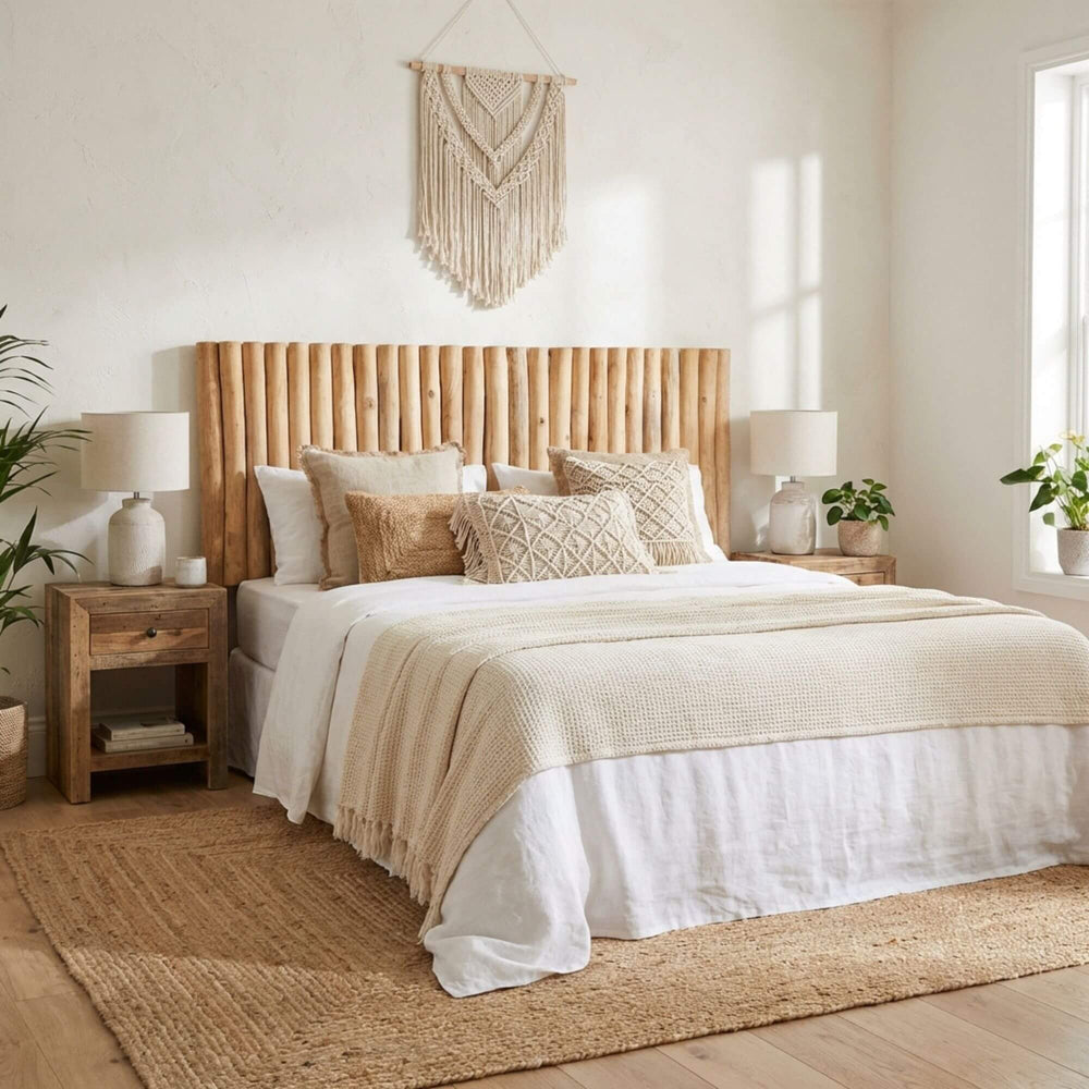 Styled bedroom setting featuring the Nikko headboard behind a bed with neutral linens and woven decor.