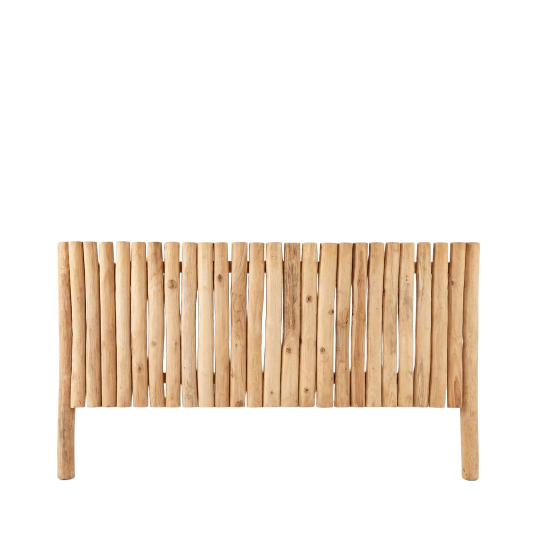 Front view of the Nikko headboard showcasing its vertical teak branch design in natural wood tones.