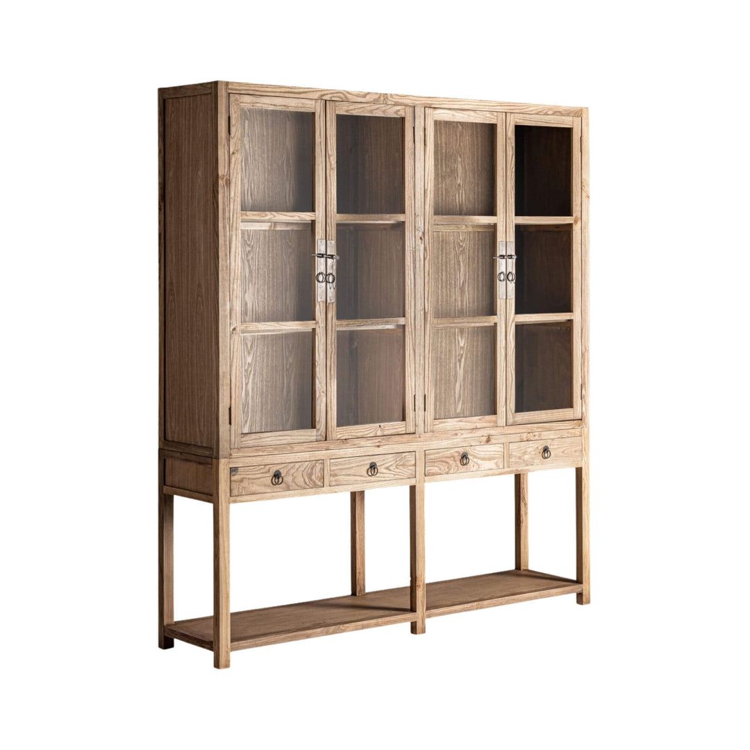 Side angle of the tall elm wood and glass Nilo Cabinet.