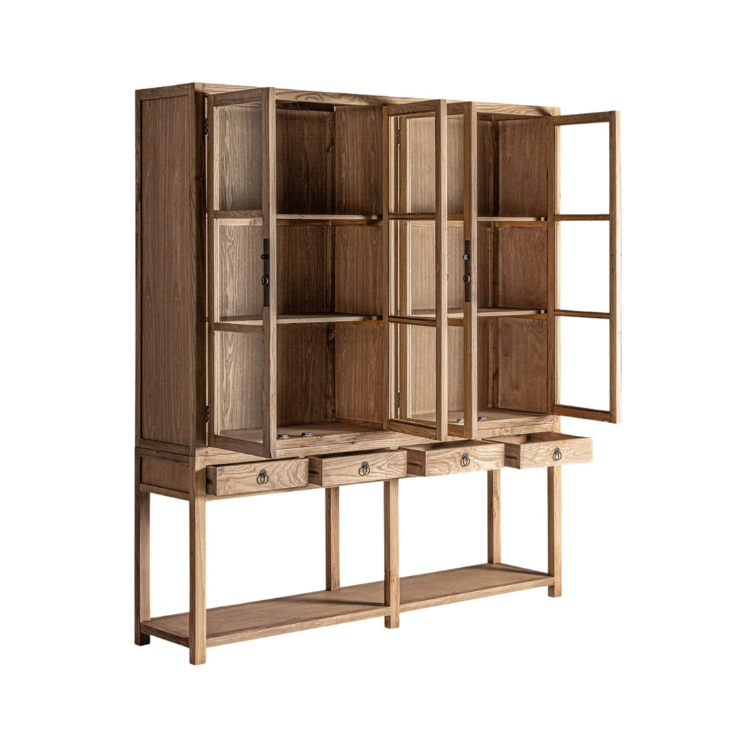 Side angle of the tall elm wood and glass Nilo Cabinet.