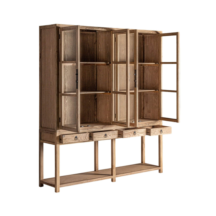 Side angle of the tall elm wood and glass Nilo Cabinet.