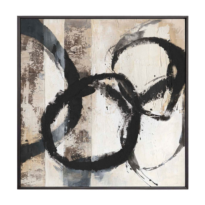 Detail of black wooden frame surrounding the abstract Nimbo canvas artwork.

