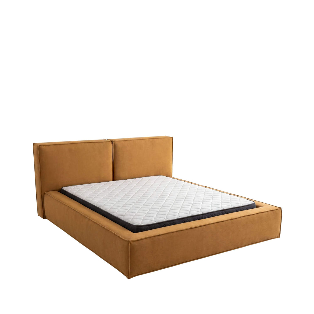 Front view of the Ninfa linen bed frame with upholstered headboard and included mattress.