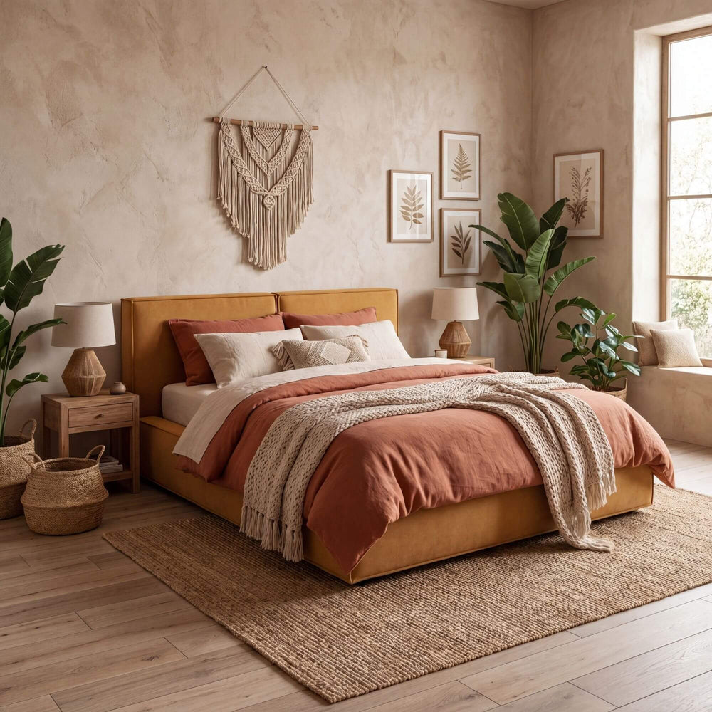 Styled bedroom setting featuring the Ninfa bed in a warm contemporary interior with natural textures.