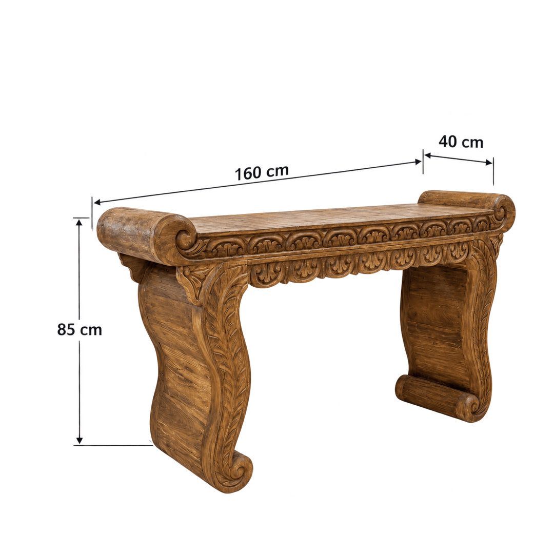 1. Nirvana teak wood console with dimensions showing its carved structure and sculptural profile