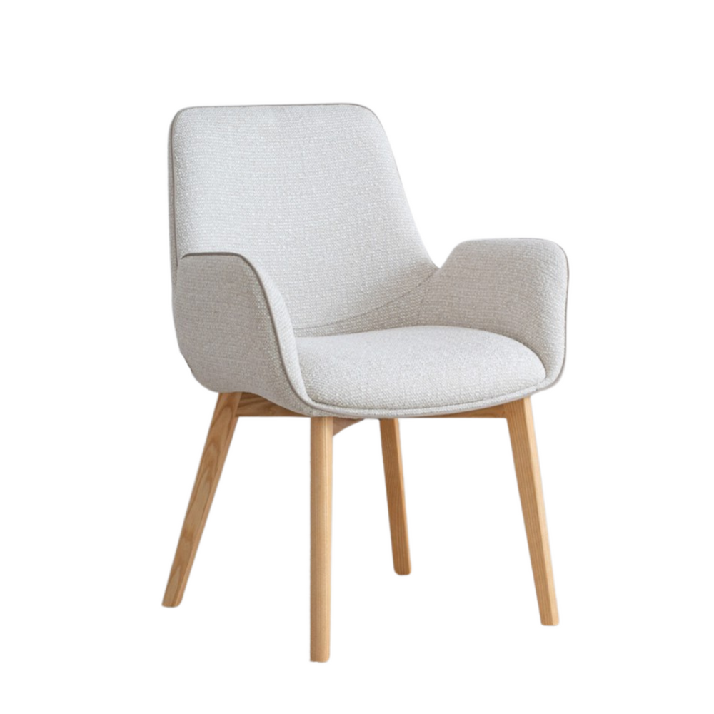 Front view of beige Nobu dining chair with upholstered seat and wooden legs.