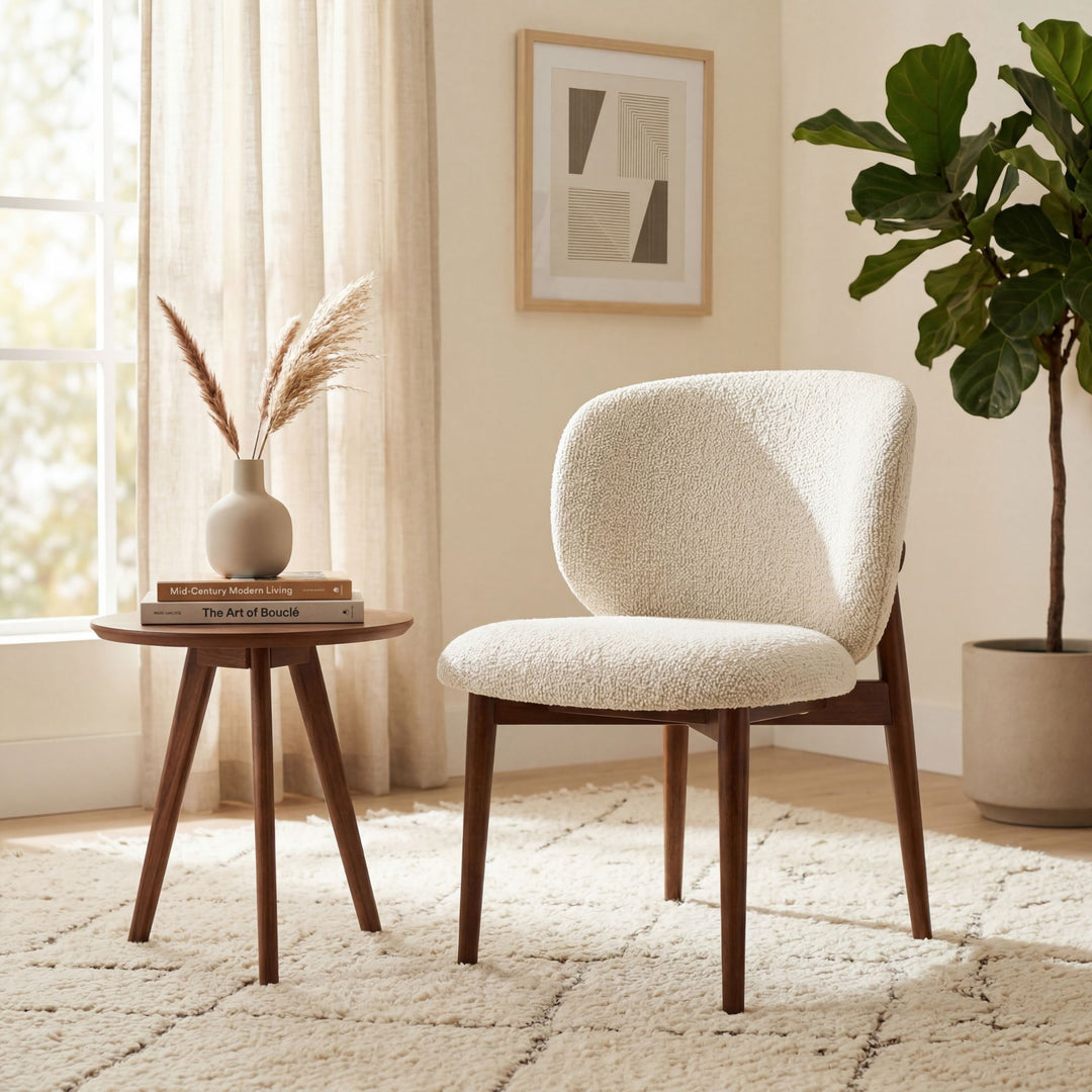 Styled interior setting featuring the Nolan dining chair beside a wooden side table in a warm natural space.