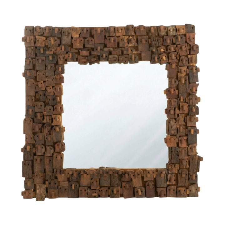 Front view of the Nommo square mirror showcasing its textured recycled wood frame.