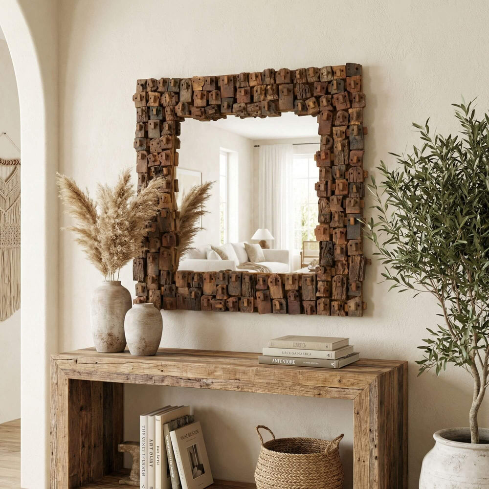 Styled interior setting featuring the Nommo mirror above a console table in a living space.