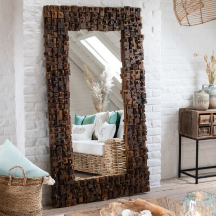 Nommo Rectangular Mirror with recycled wood frame in natural brown tones.