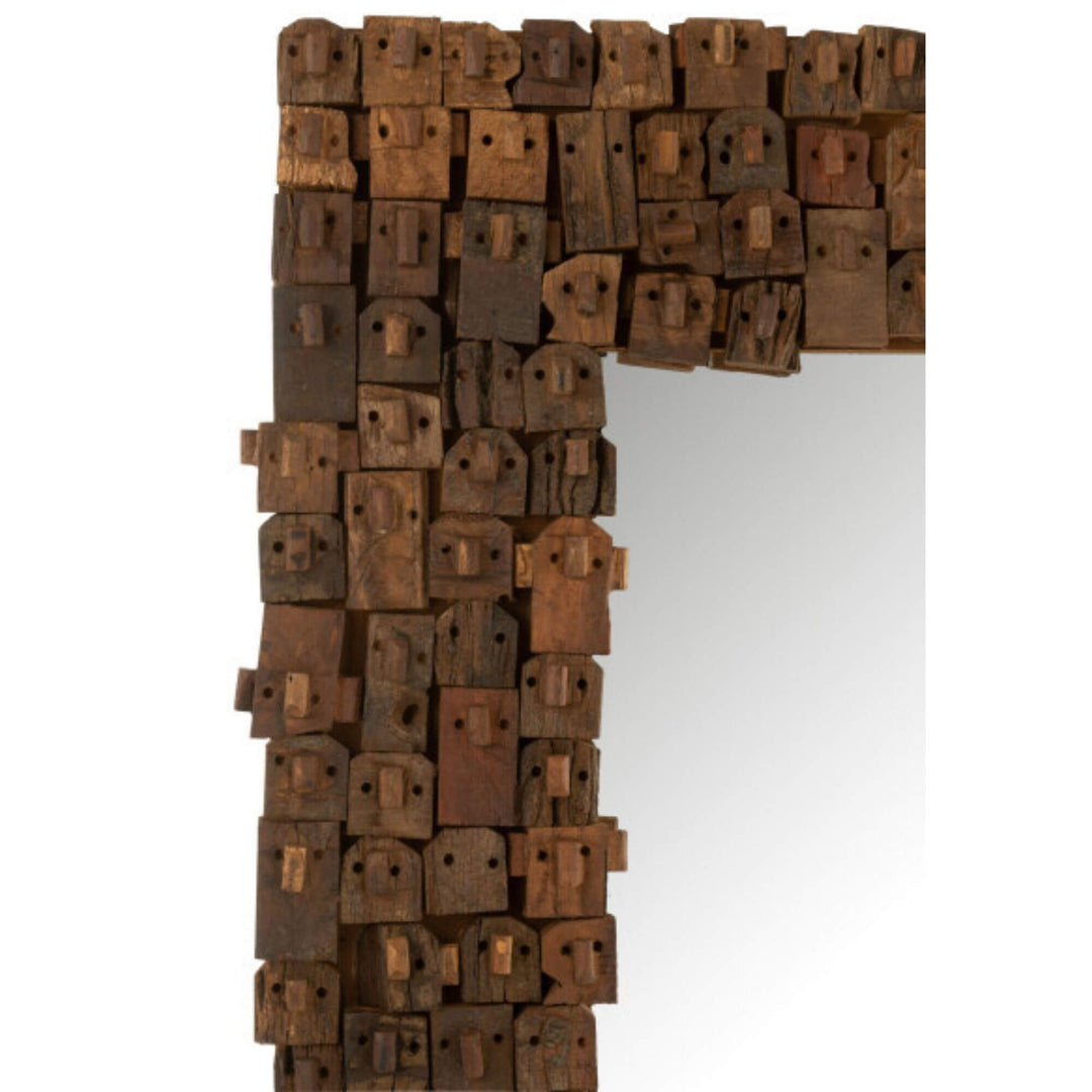 Close-up of Nommo Mirror showing textured reclaimed wood blocks.