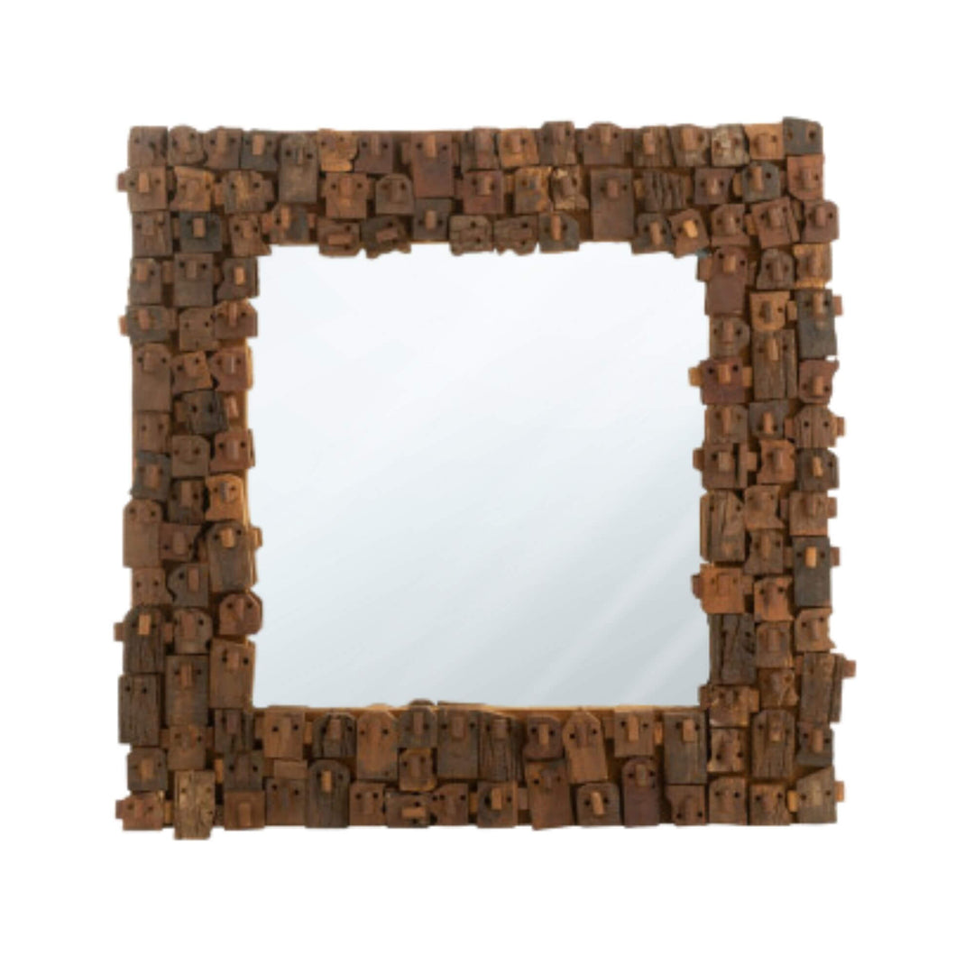 Nommo Square Mirror with recycled wood block frame in natural brown tones.